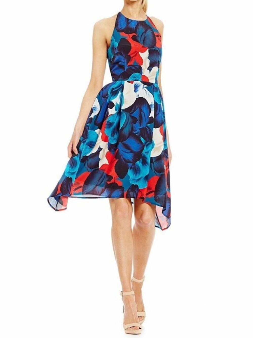 Antonio Melani 100% Silk Floral Halter Handkerchief Hem Midi Dress Size 2 Blue